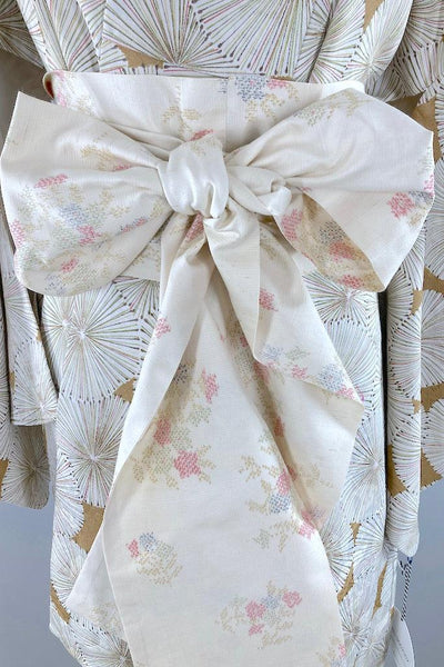 Vintage Tan & White Floral Silk Kimono Robe-ThisBlueBird