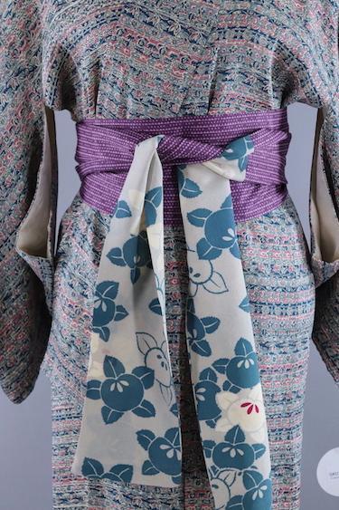 Vintage 1950s Silk Kimono Robe / Teal Blue & Pink Floral - ThisBlueBird