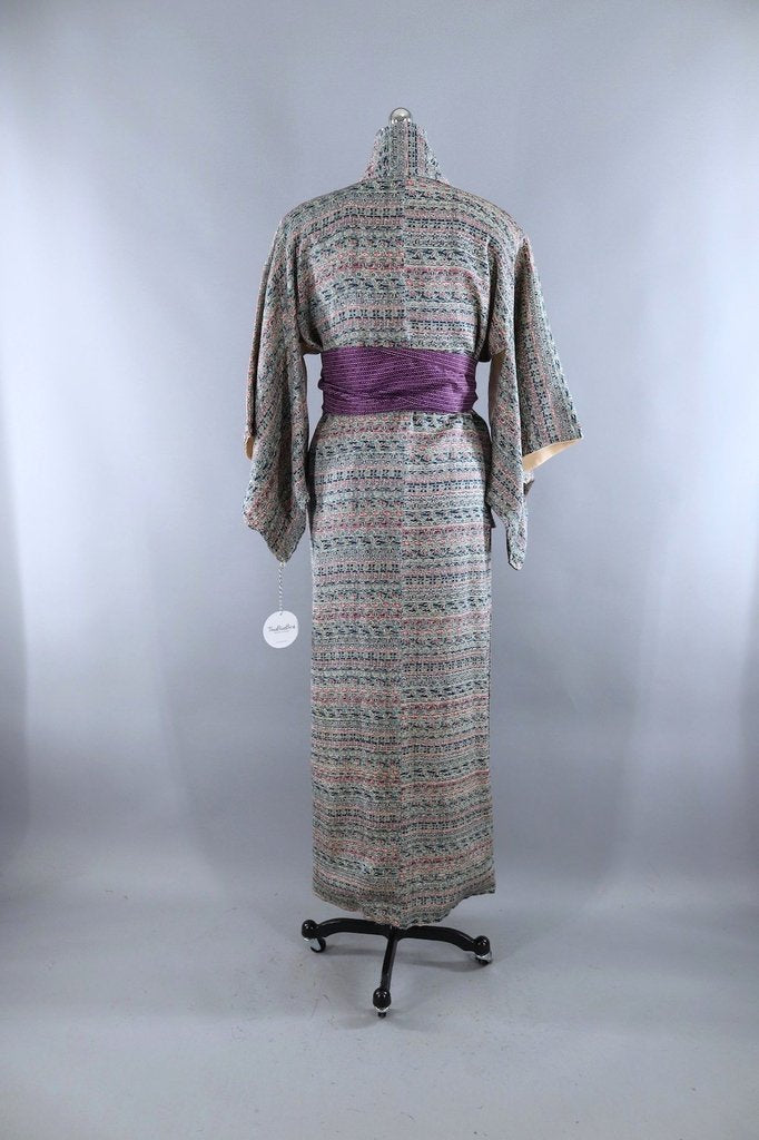 Vintage 1950s Silk Kimono Robe / Teal Blue & Pink Floral - ThisBlueBird