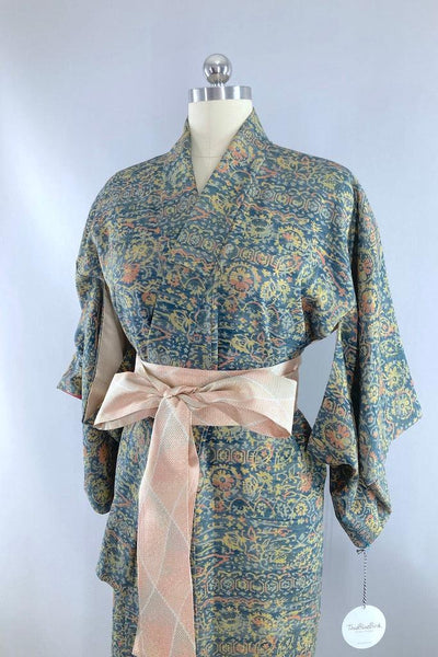 Vintage Teal Blue & Gold Silk Kimono-ThisBlueBird