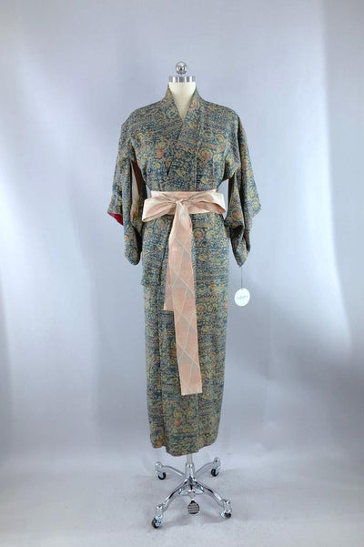 Vintage Teal Blue & Gold Silk Kimono-ThisBlueBird