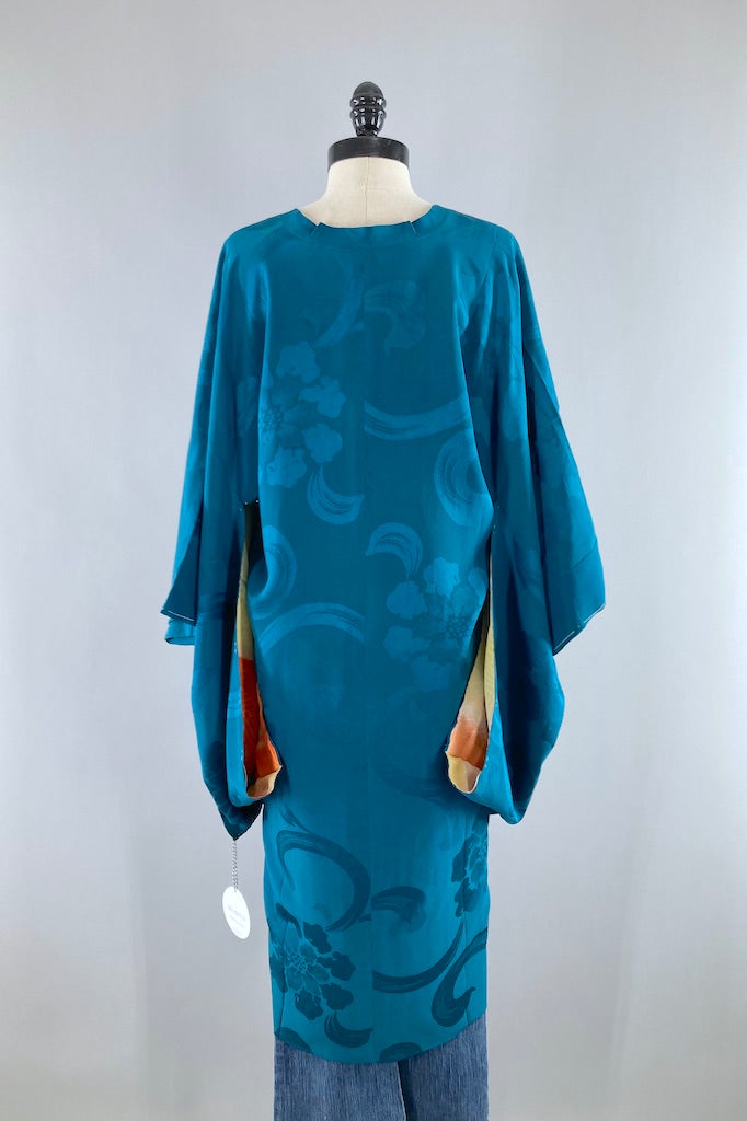 Vintage Teal Blue Silk Kimono Coat-ThisBlueBird
