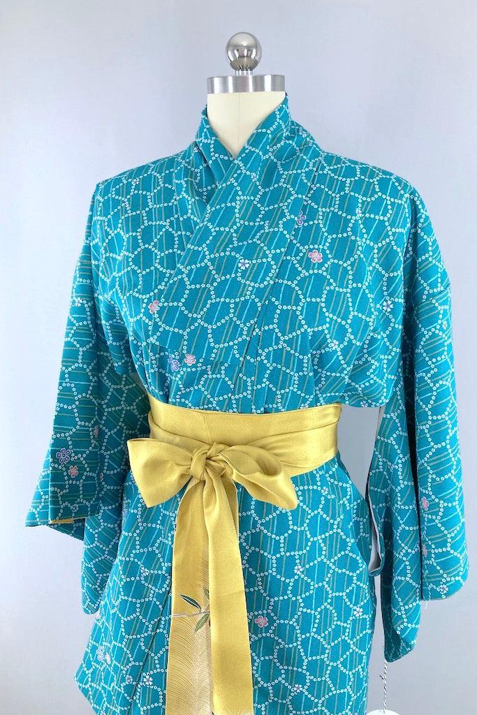 Vintage Teal Floral Kimono Robe-ThisBlueBird