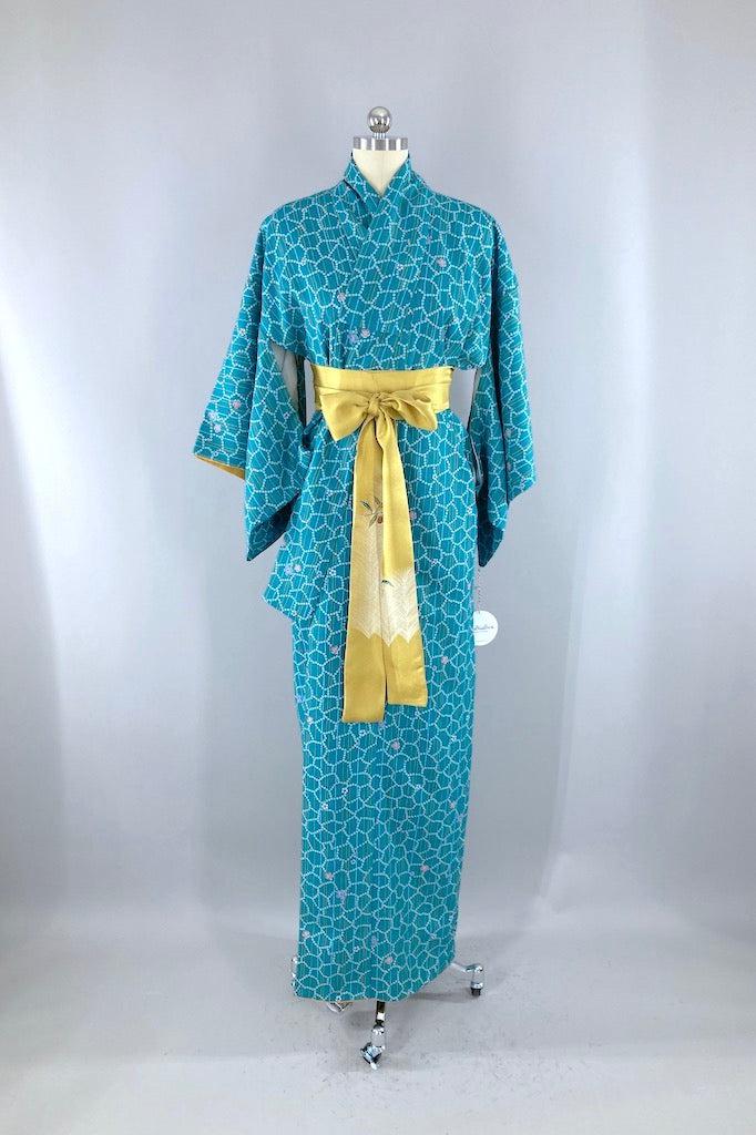 Vintage Teal Floral Kimono Robe-ThisBlueBird
