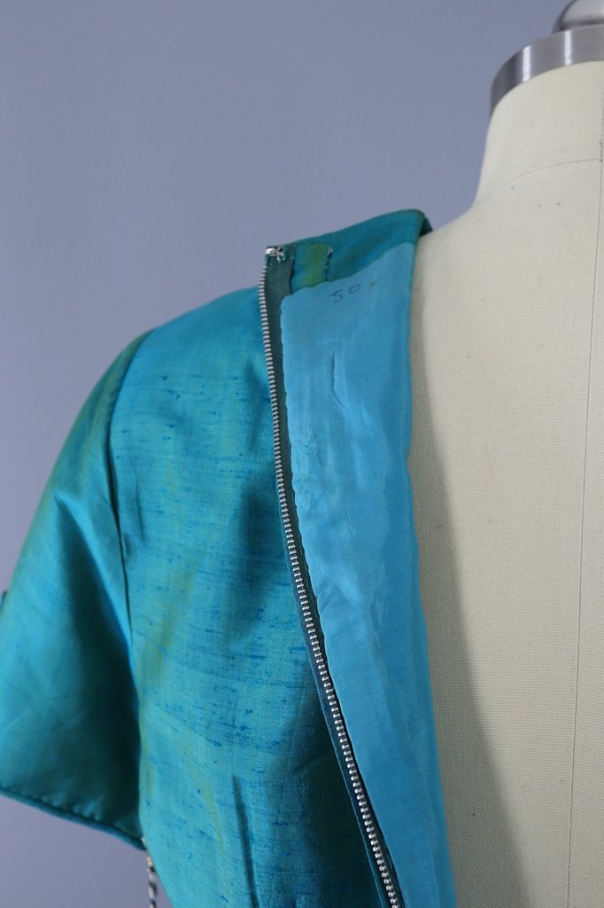 Vintage 1950s Silk Dress / Teal Blue Green Shantung Thai Silk - ThisBlueBird