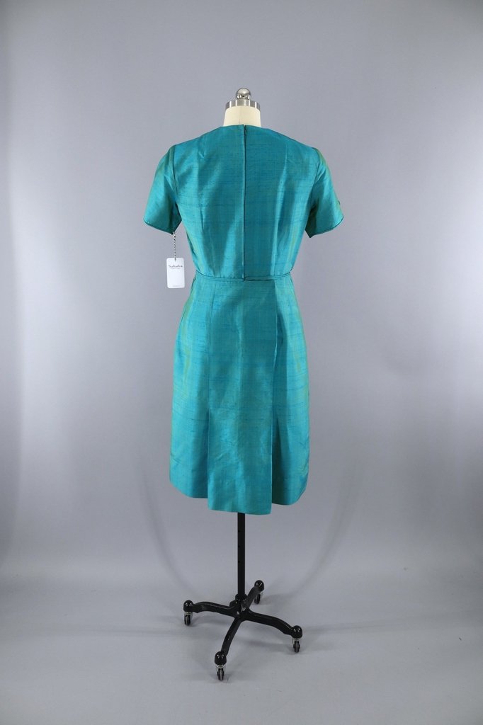 Vintage 1950s Silk Dress / Teal Blue Green Shantung Thai Silk - ThisBlueBird