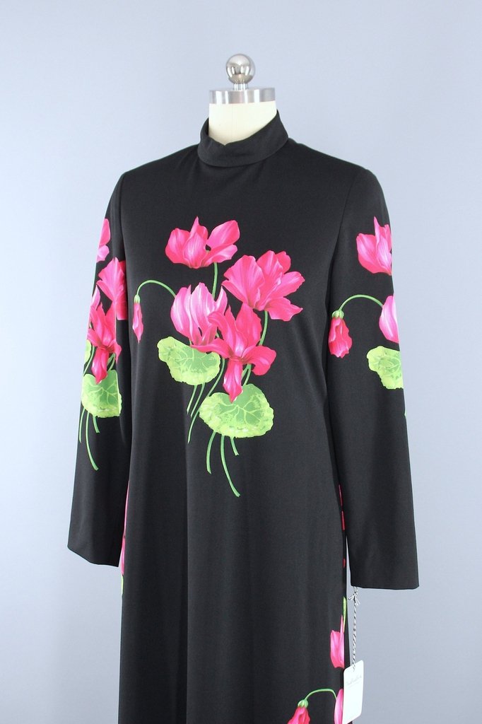 Vintage 1960s Teal Traina Floral Print Maxi Dress - ThisBlueBird