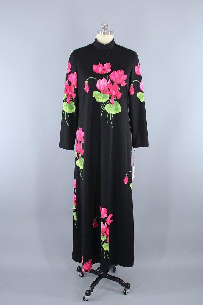 Vintage 1960s Teal Traina Floral Print Maxi Dress - ThisBlueBird
