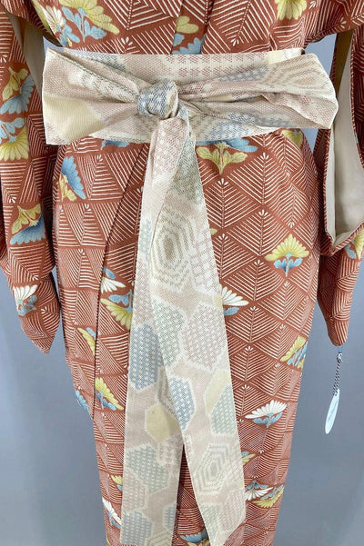 Vintage Terra Cotta Diamond Floral Silk Kimono-ThisBlueBird