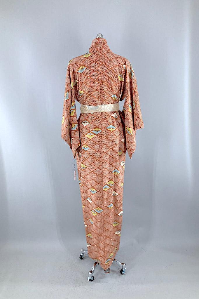 Vintage Terra Cotta Diamond Floral Silk Kimono-ThisBlueBird