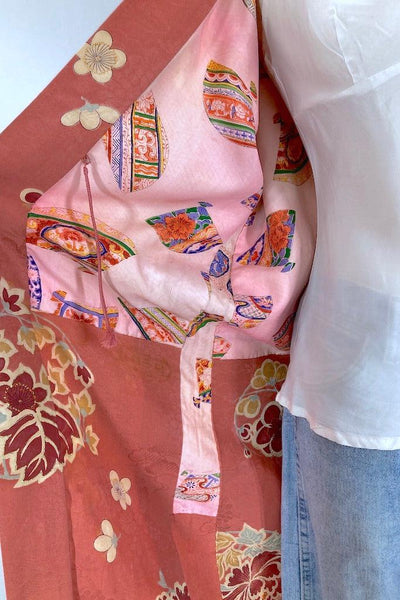 Vintage Terra Cotta Floral Silk Kimono Cardigan-ThisBlueBird