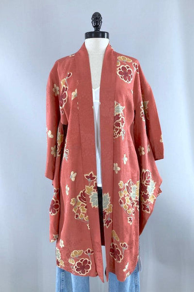 Vintage Terra Cotta Floral Silk Kimono Cardigan-ThisBlueBird