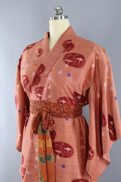 Vintage Terra Cotta Ikat Silk Kimono Robe-ThisBlueBird - Modern Vintage