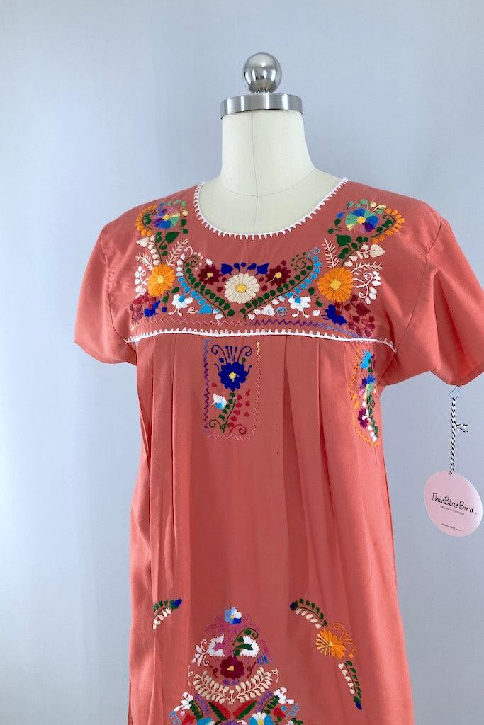 Vintage Terra Cotta Mexican Embroidered Dress-ThisBlueBird