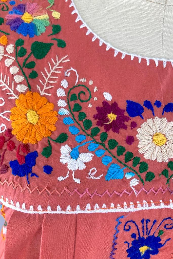Vintage Terra Cotta Mexican Embroidered Dress-ThisBlueBird