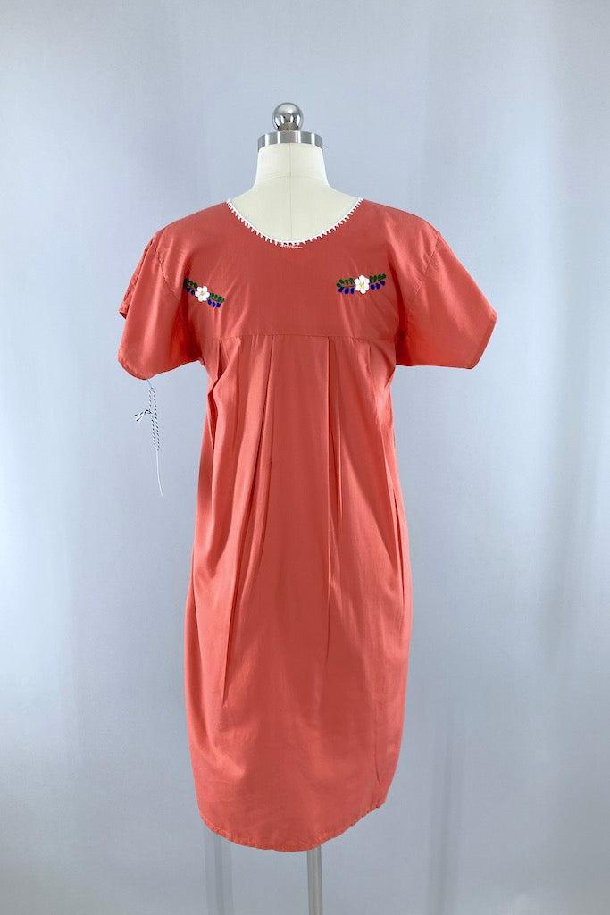 Vintage Terra Cotta Mexican Embroidered Dress-ThisBlueBird
