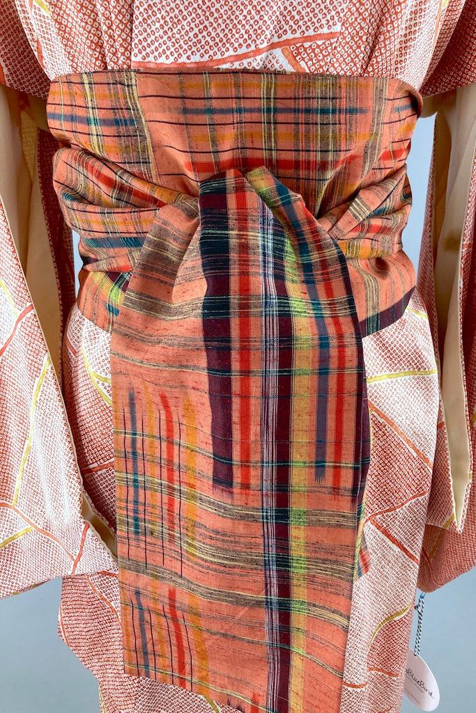 Vintage Terra Cotta Shibori Stripes Silk Kimono-ThisBlueBird