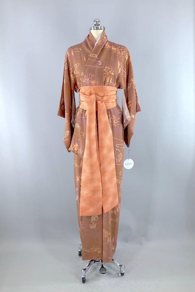 Vintage Terra Cotta Trees Silk Kimono Robe-ThisBlueBird