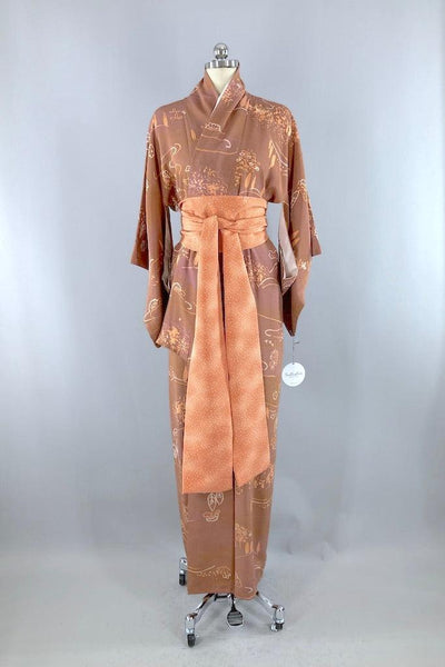 Vintage Terra Cotta Trees Silk Kimono Robe-ThisBlueBird