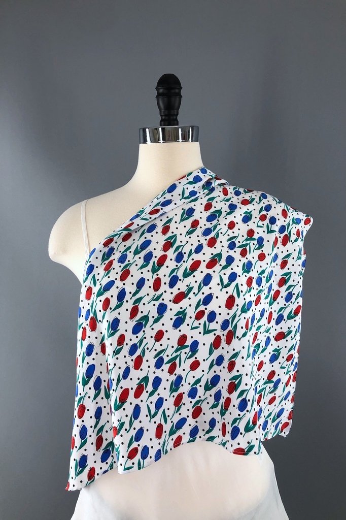 Vintage Triangle Head Scarf Red White and Blue Tulips Floral-ThisBlueBird - Modern Vintage