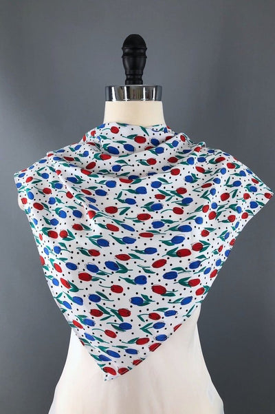 Vintage Triangle Head Scarf Red White and Blue Tulips Floral-ThisBlueBird - Modern Vintage