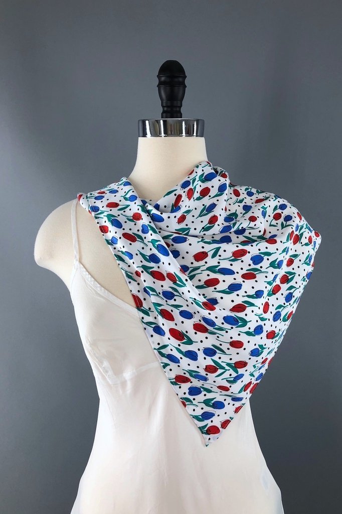 Vintage Triangle Head Scarf Red White and Blue Tulips Floral-ThisBlueBird - Modern Vintage