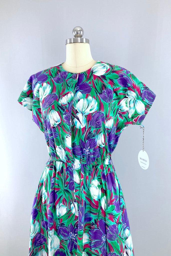 Vintage Tulip Floral Print Cotton Dress-ThisBlueBird