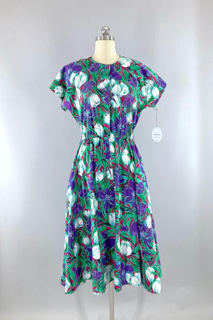 Vintage Tulip Floral Print Cotton Dress-ThisBlueBird