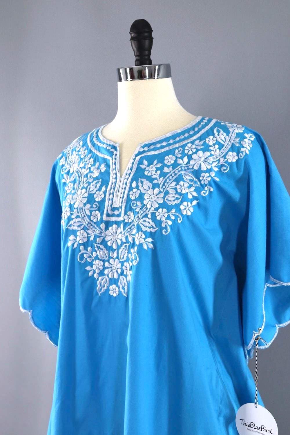 Vintage 1960s Turquoise Blue Embroidered Tunic Blouse-ThisBlueBird - Modern Vintage