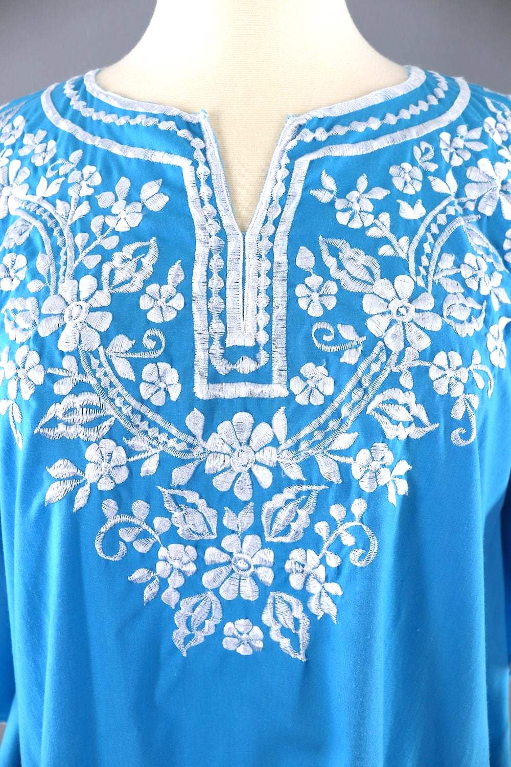 Vintage 1960s Turquoise Blue Embroidered Tunic Blouse-ThisBlueBird - Modern Vintage