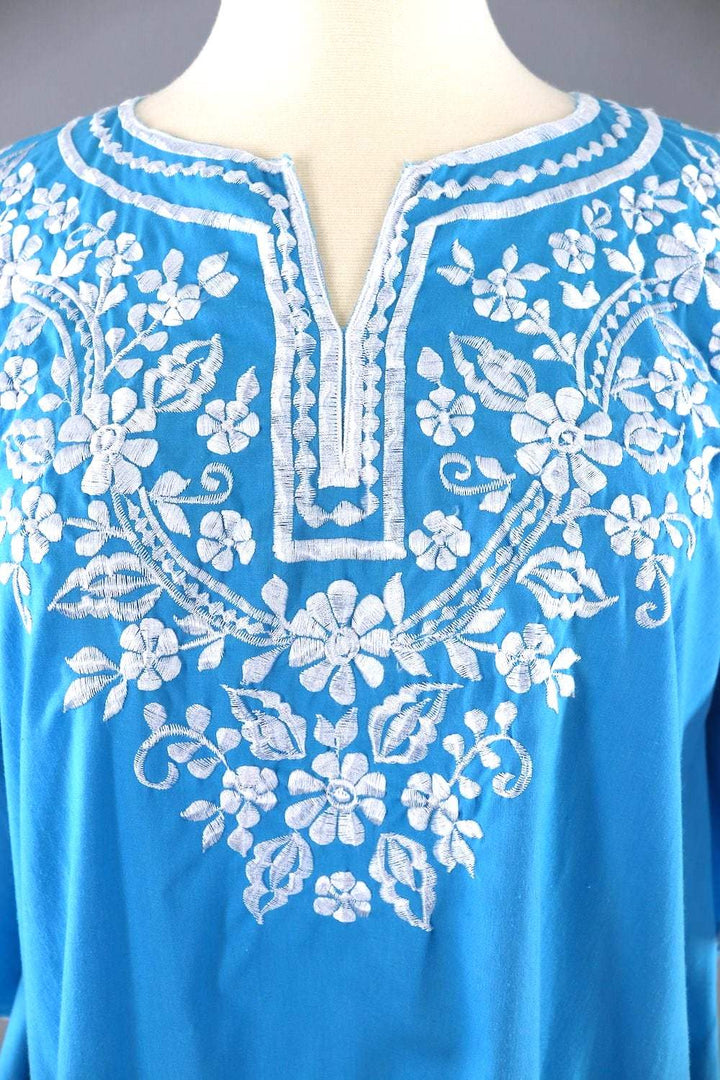 Vintage 1960s Turquoise Blue Embroidered Tunic Blouse-ThisBlueBird - Modern Vintage