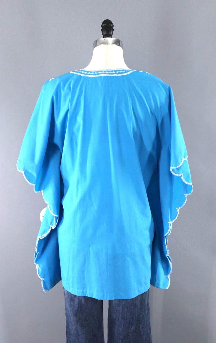 Vintage 1960s Turquoise Blue Embroidered Tunic Blouse-ThisBlueBird - Modern Vintage