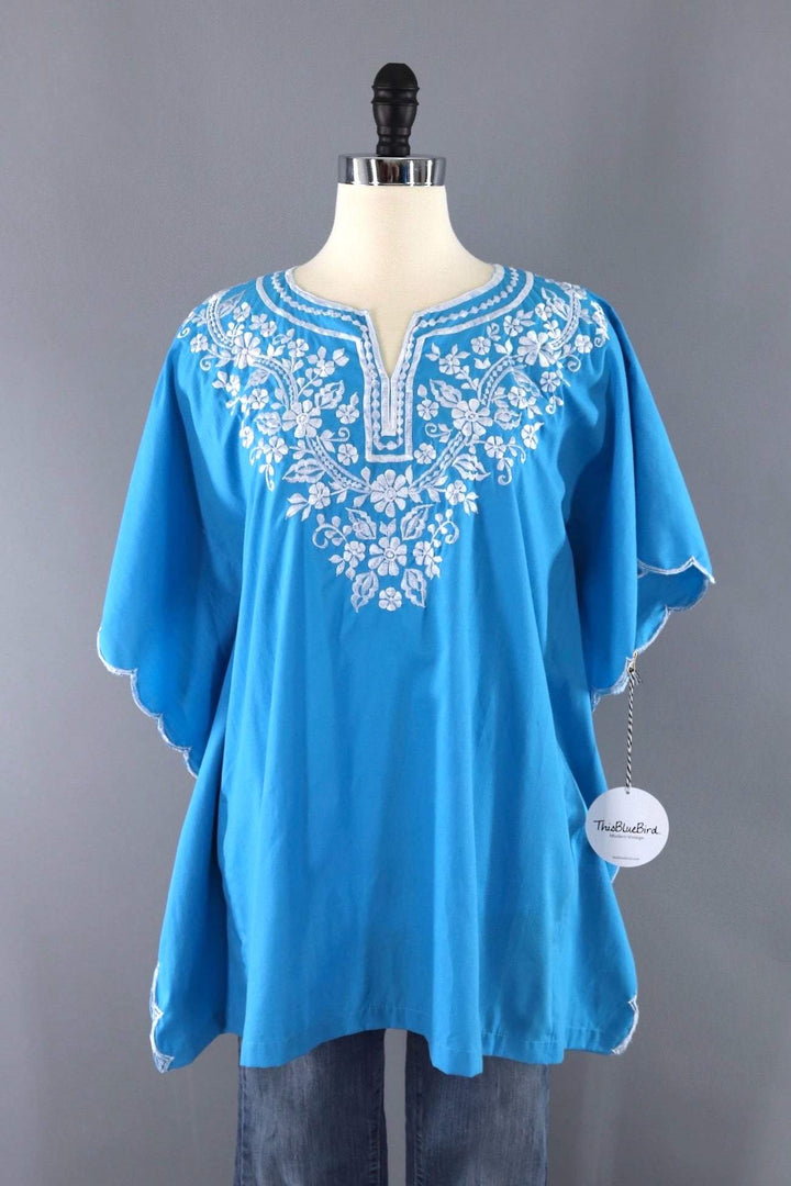 Vintage 1960s Turquoise Blue Embroidered Tunic Blouse-ThisBlueBird - Modern Vintage