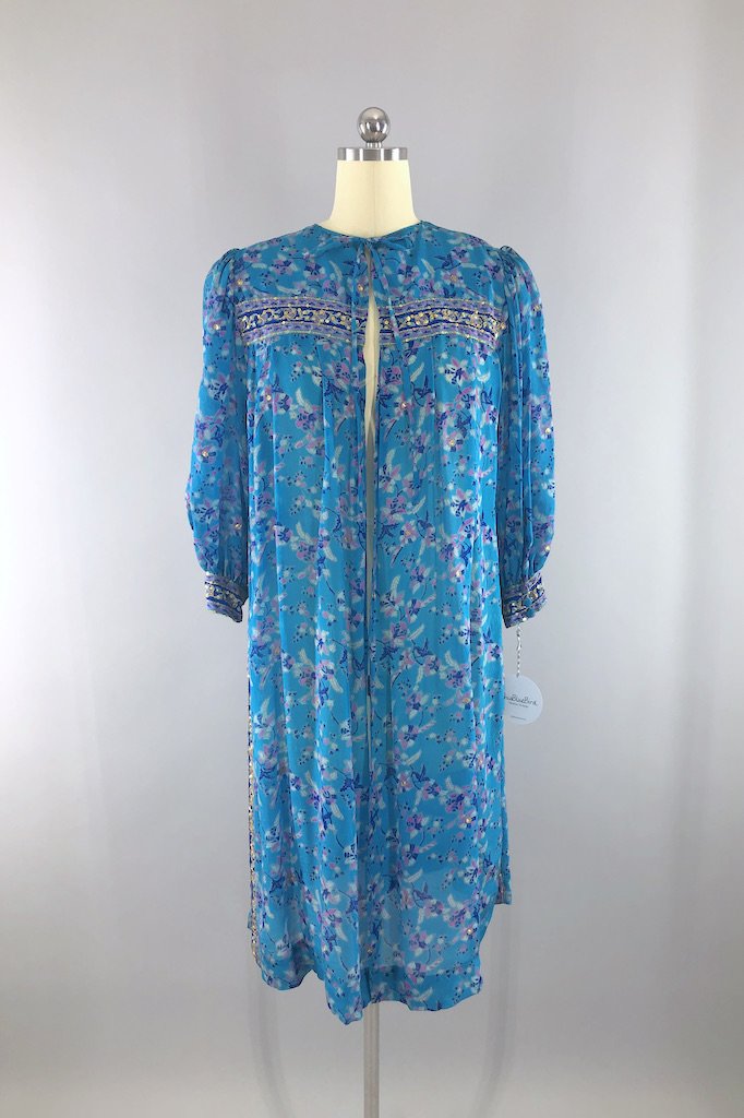 Vintage Turquoise Sequined Sari Robe-ThisBlueBird - Modern Vintage