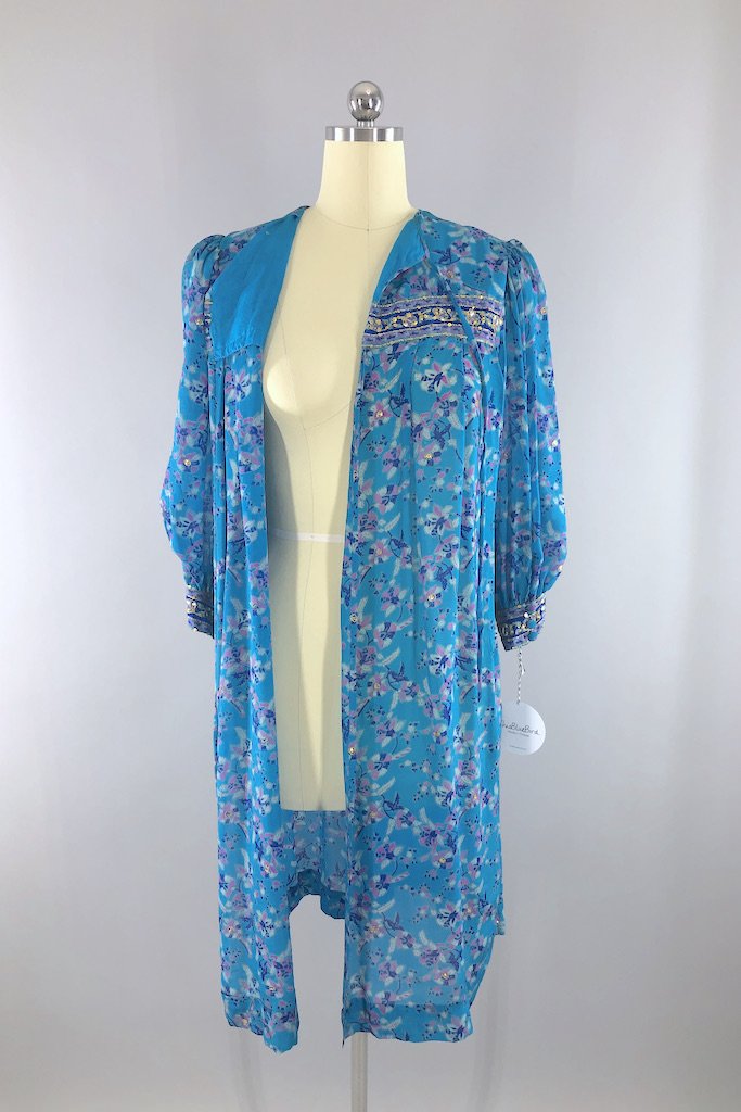 Vintage Turquoise Sequined Sari Robe-ThisBlueBird - Modern Vintage
