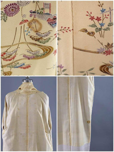 Vintage Silk Kimono Robe / Tan Village Novelty Print-ThisBlueBird