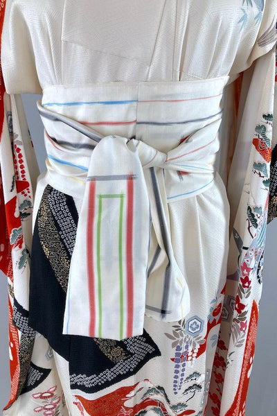 Vintage White & Black Floral Silk Kimono Robe-ThisBlueBird
