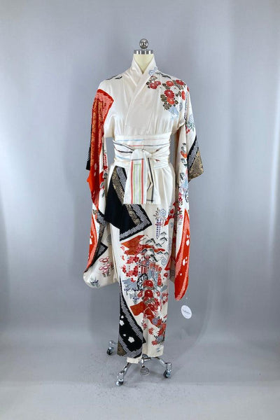 Vintage White & Black Floral Silk Kimono Robe-ThisBlueBird