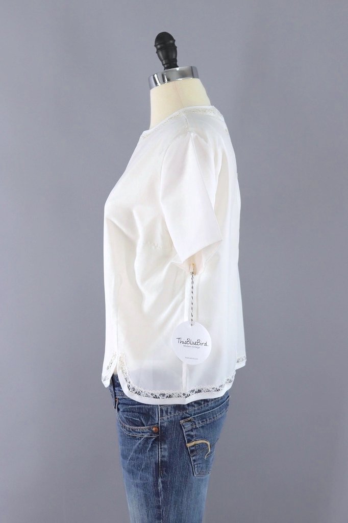 Vintage 1960s White Blouse with Lace Trim-ThisBlueBird