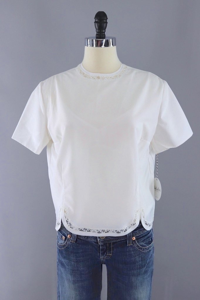 Vintage 1960s White Blouse with Lace Trim-ThisBlueBird