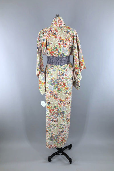 Vintage White Floral Birds Silk Kimono Robe-ThisBlueBird - Modern Vintage