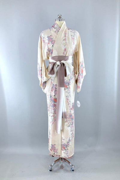 Vintage White Floral Birds Silk Kimono Robe-ThisBlueBird