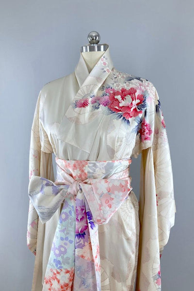 Vintage White & Pink Floral Silk Kimono Robe-ThisBlueBird