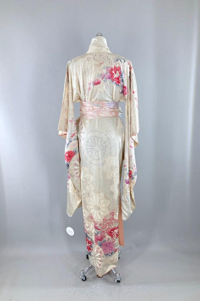 Vintage White & Pink Floral Silk Kimono Robe-ThisBlueBird