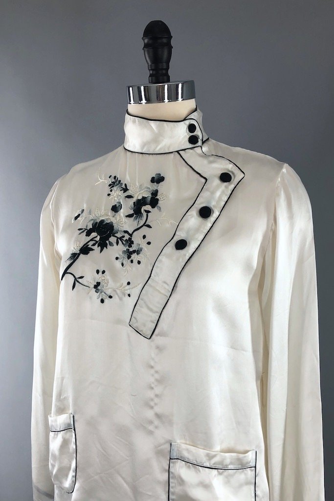 Vintage White Satin Embroidered Top-ThisBlueBird - Modern Vintage