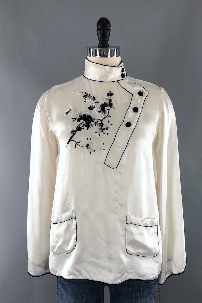 Vintage White Satin Embroidered Top-ThisBlueBird - Modern Vintage