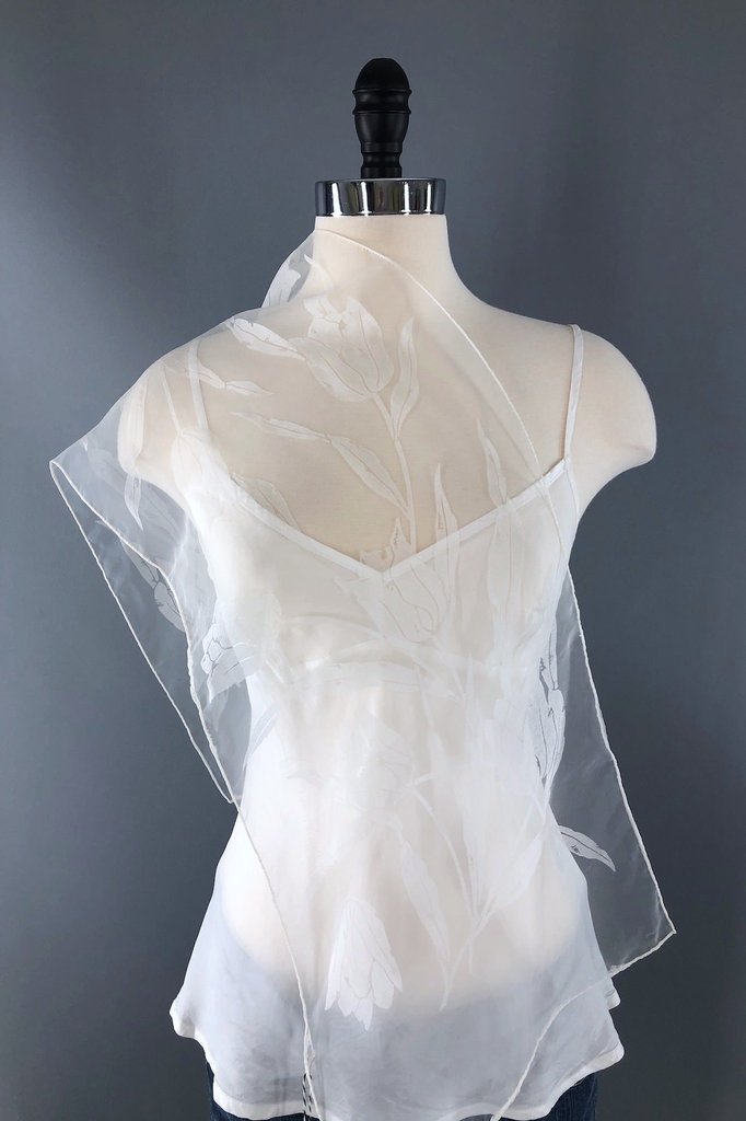 Vintage White Tulips Italian Sheer Scarf-ThisBlueBird - Modern Vintage