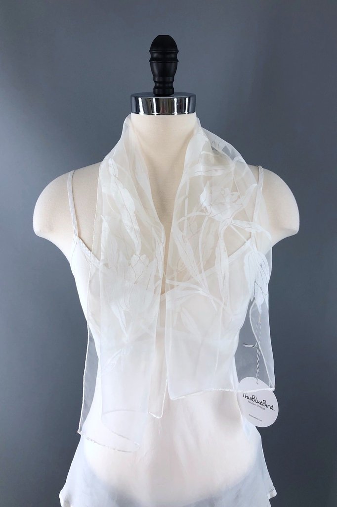 Vintage White Tulips Italian Sheer Scarf-ThisBlueBird - Modern Vintage
