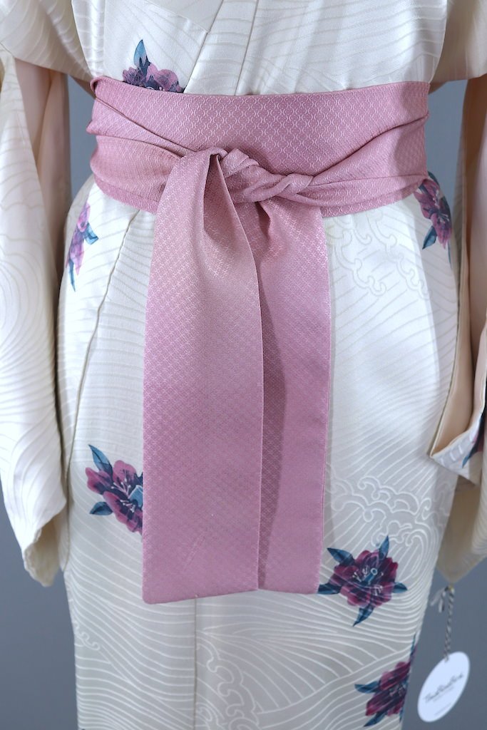 Vintage White Wave Floral Silk Kimono Robe-ThisBlueBird - Modern Vintage