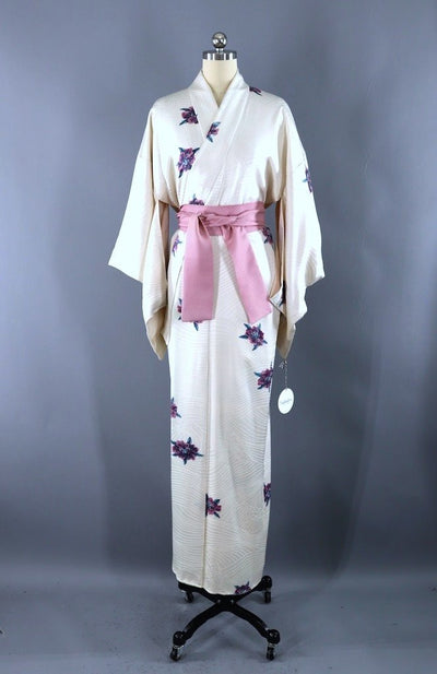 Vintage White Wave Floral Silk Kimono Robe-ThisBlueBird - Modern Vintage